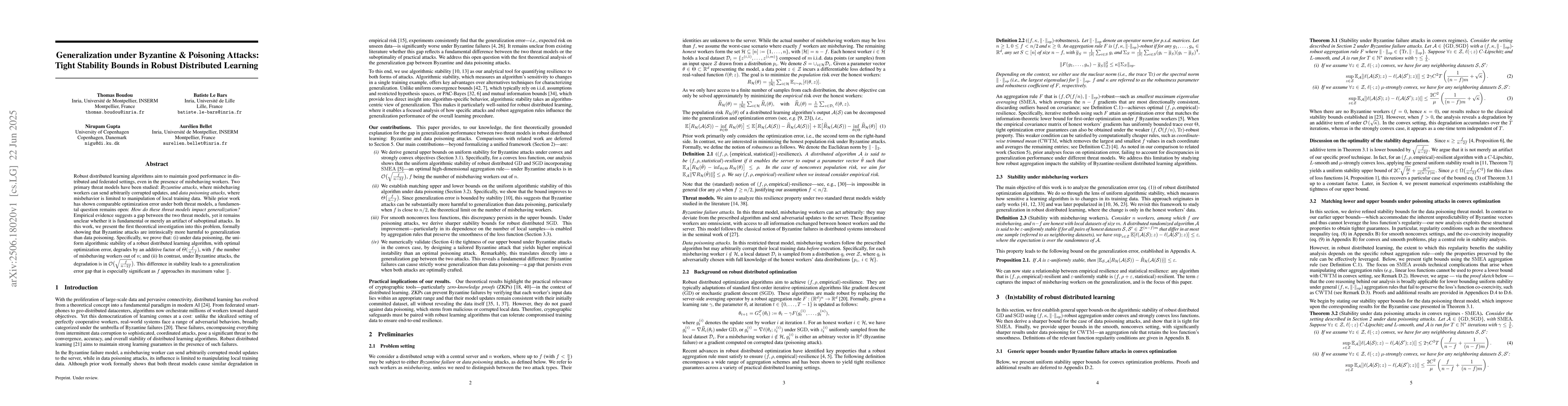 Thumbnail for Generalization under Byzantine & Poisoning Attacks: Tight Stability
  Bounds in Robust Distributed Learning