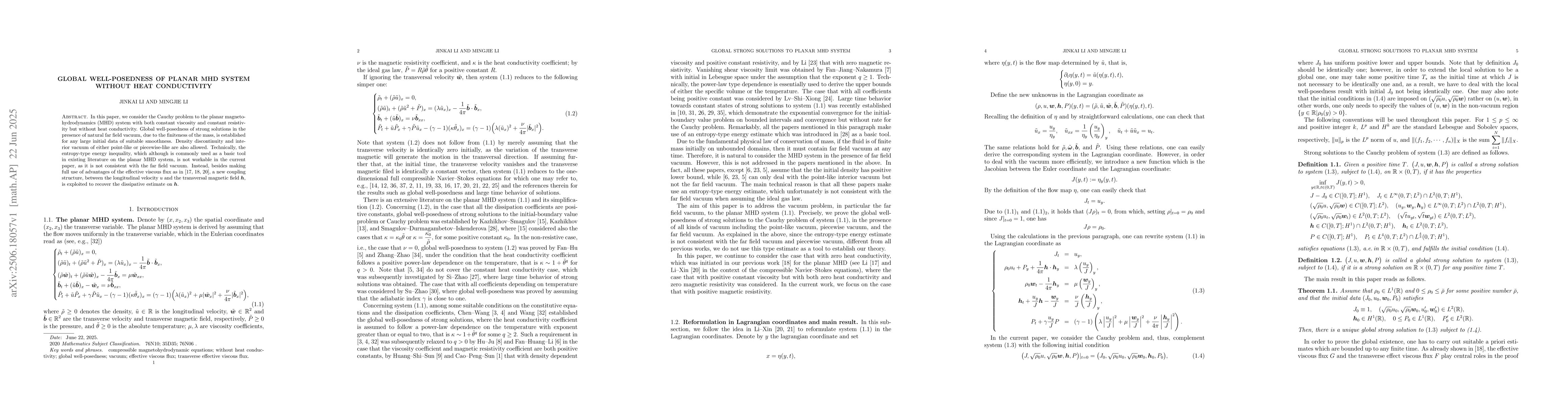 Thumbnail for Global well-posedness of planar MHD system without heat conductivity