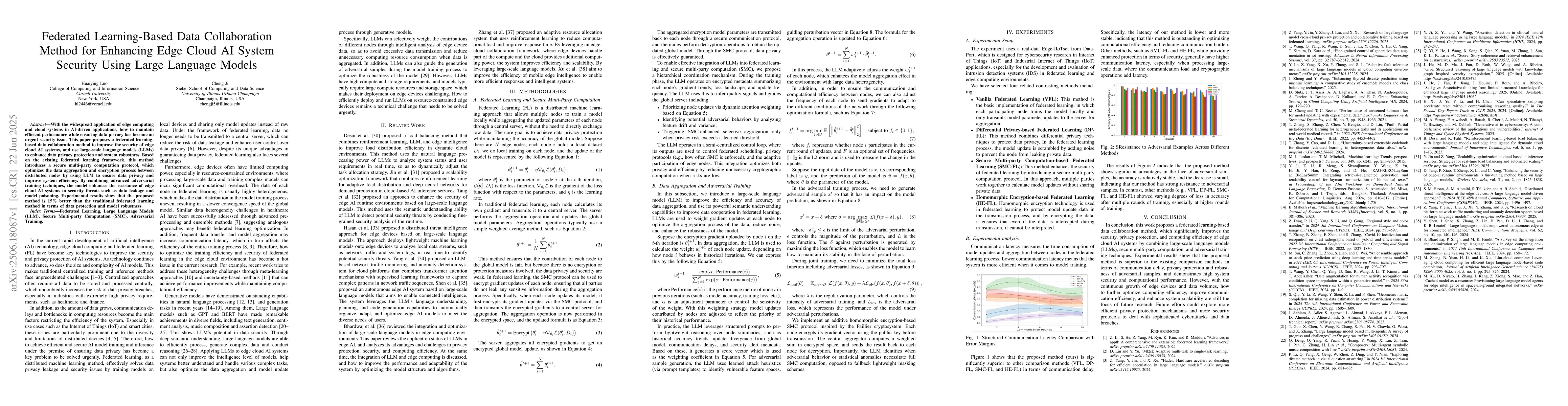 Thumbnail for Federated Learning-Based Data Collaboration Method for Enhancing Edge
  Cloud AI System Security Using Large Language Models
