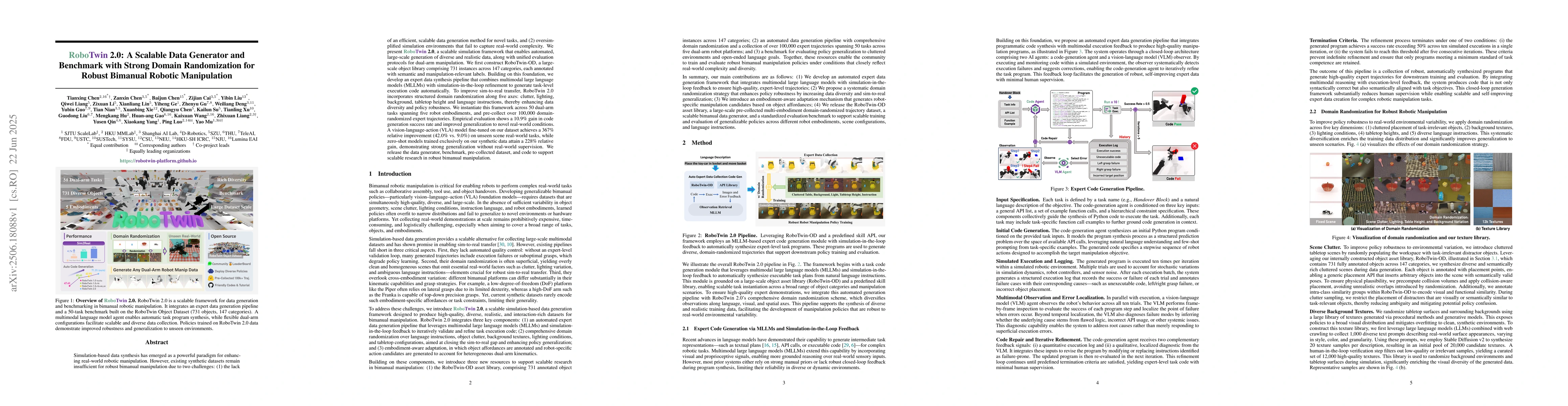 Thumbnail for RoboTwin 2.0: A Scalable Data Generator and Benchmark with Strong Domain
  Randomization for Robust Bimanual Robotic Manipulation