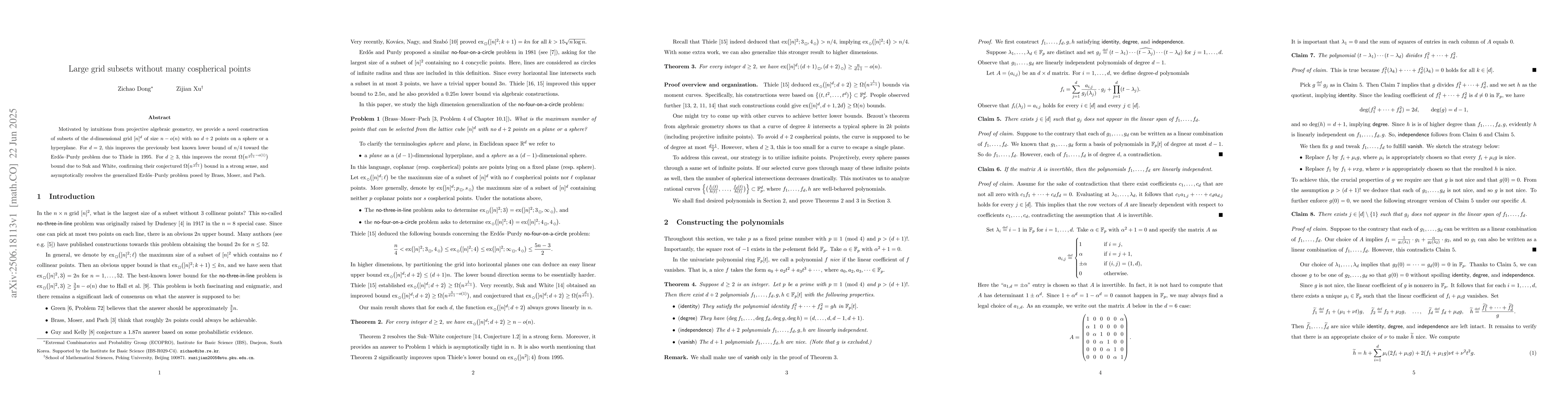 Thumbnail for Large grid subsets without many cospherical points