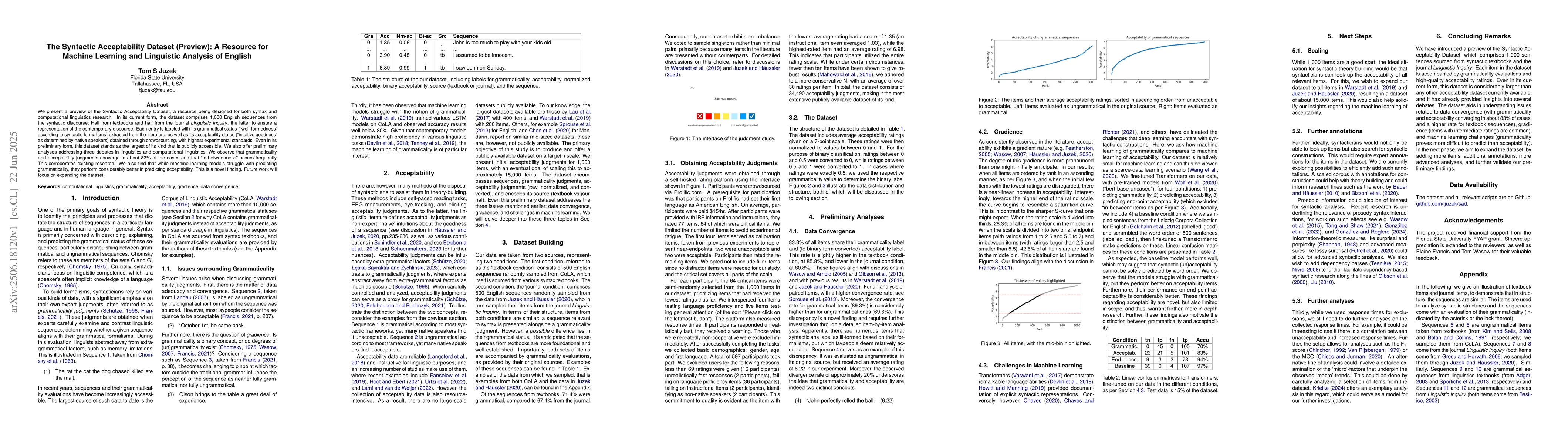 Thumbnail for The Syntactic Acceptability Dataset (Preview): A Resource for Machine
  Learning and Linguistic Analysis of English