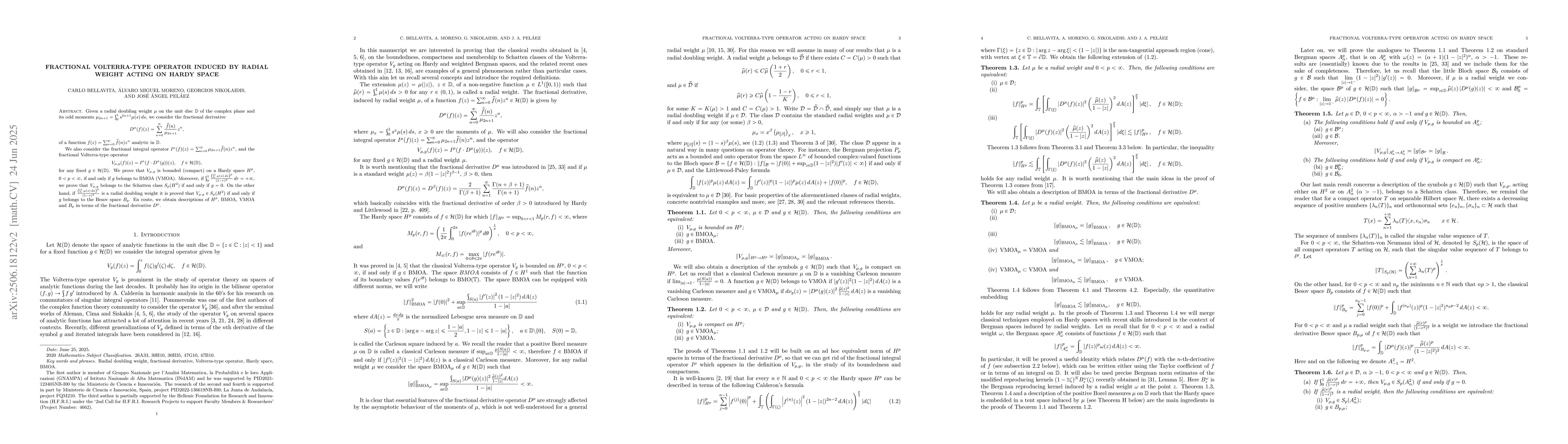 Thumbnail for Fractional Volterra-type operator induced by radial weight acting on
  Hardy space