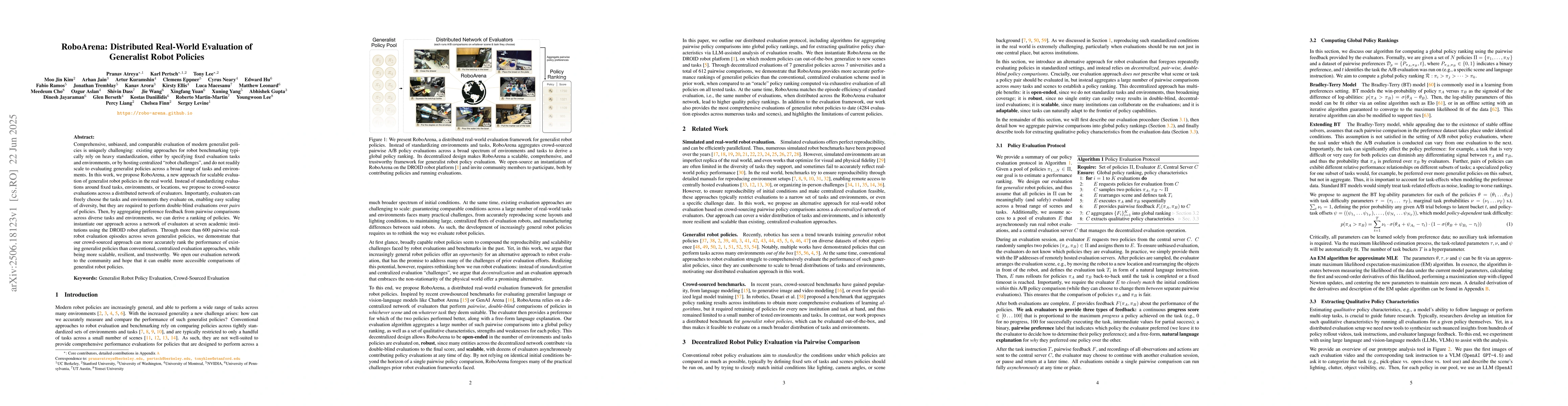 Thumbnail for RoboArena: Distributed Real-World Evaluation of Generalist Robot
  Policies