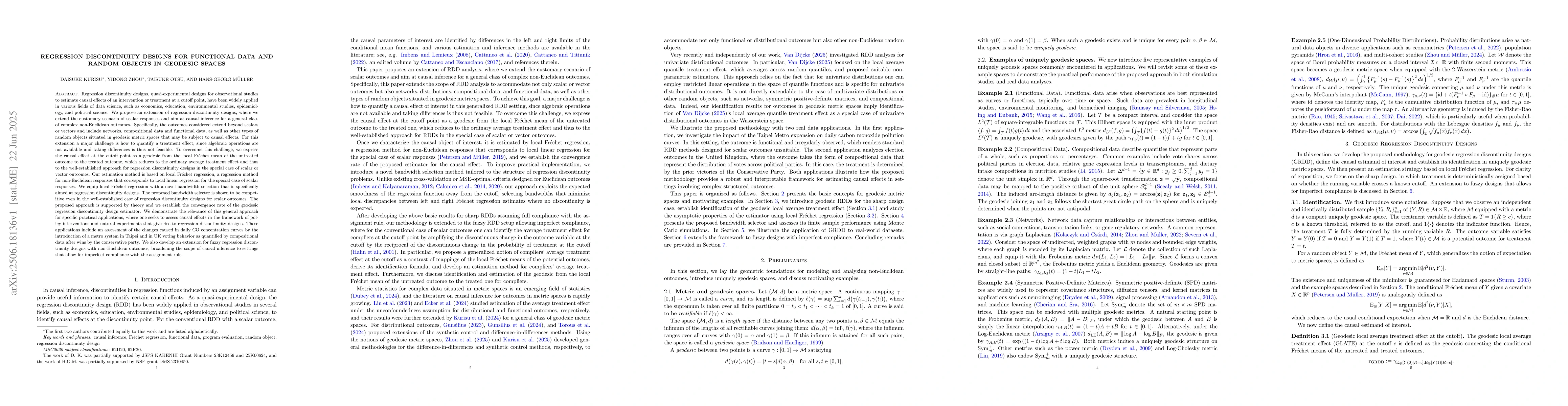 Thumbnail for Regression Discontinuity Designs for Functional Data and Random Objects
  in Geodesic Spaces