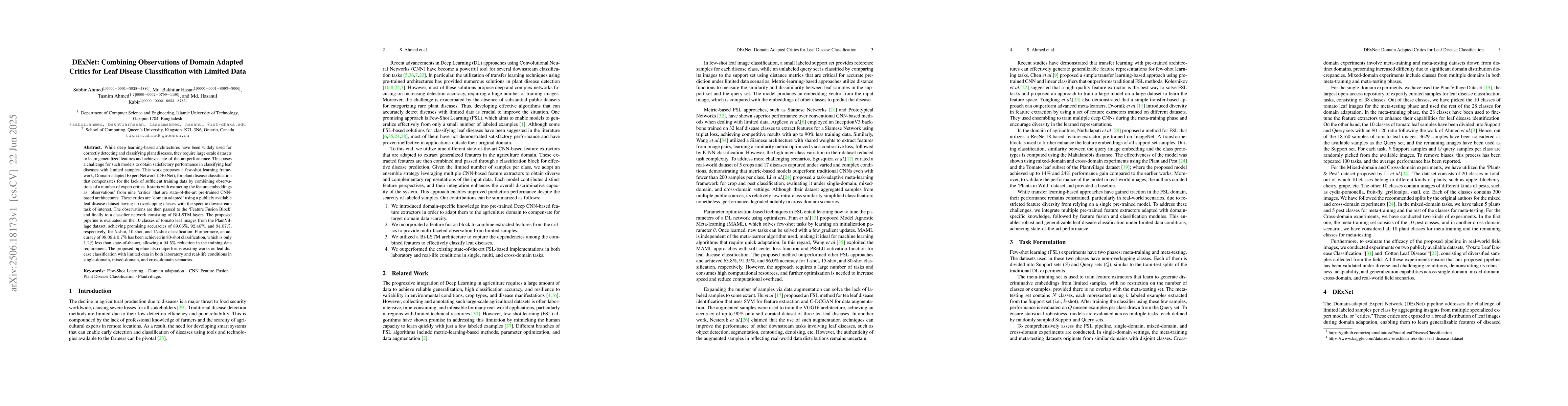 Thumbnail for DExNet: Combining Observations of Domain Adapted Critics for Leaf
  Disease Classification with Limited Data