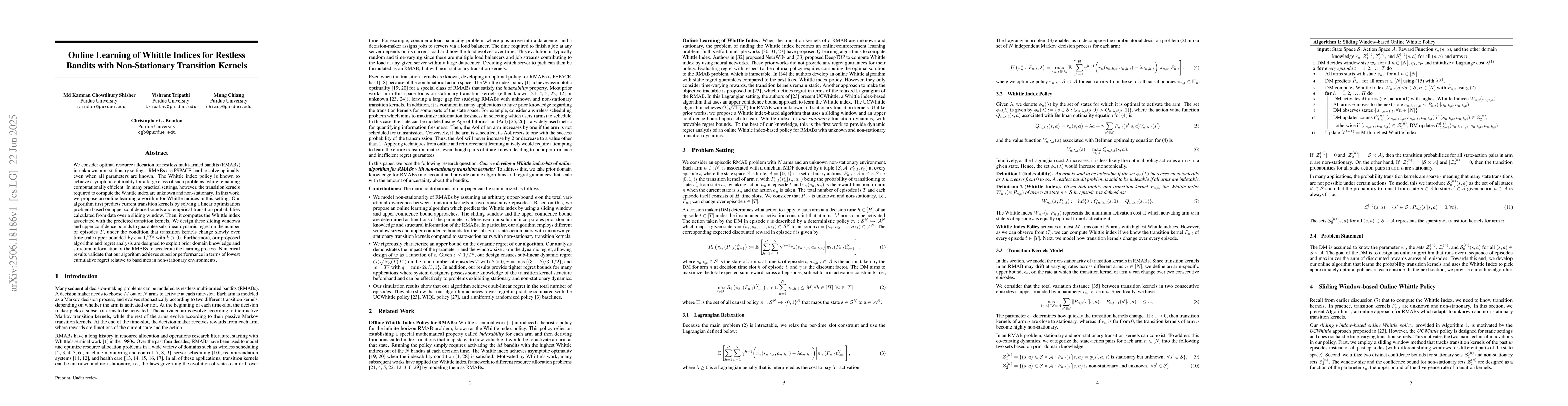 Thumbnail for Online Learning of Whittle Indices for Restless Bandits with
  Non-Stationary Transition Kernels