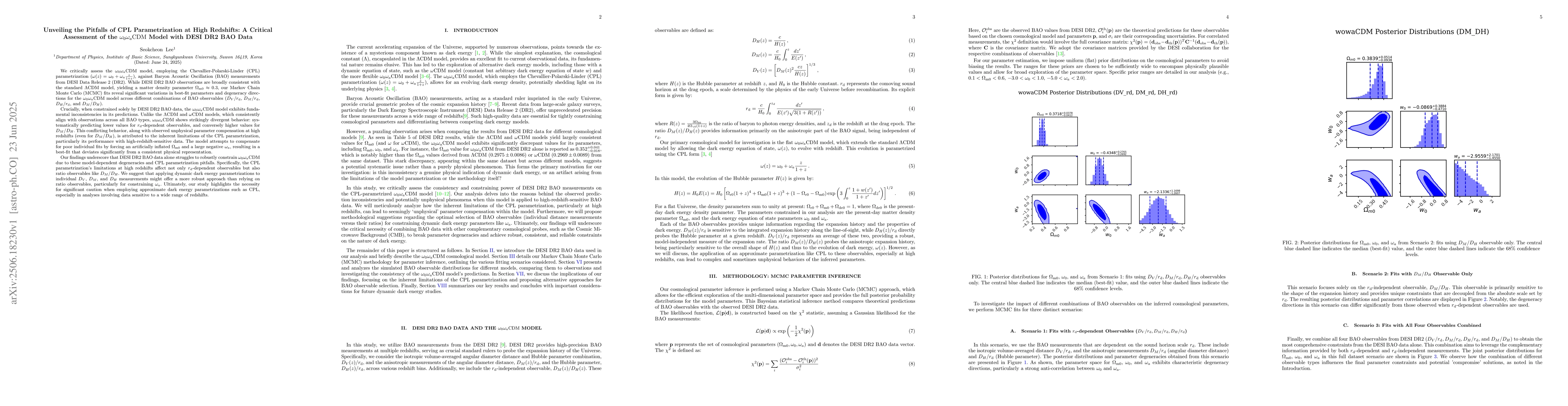 Thumbnail for Unveiling the Pitfalls of CPL Parametrization at High Redshifts: A
  Critical Assessment of the $ω_{0}$$ω_a$CDM Model with DESI DR2 BAO
  Data