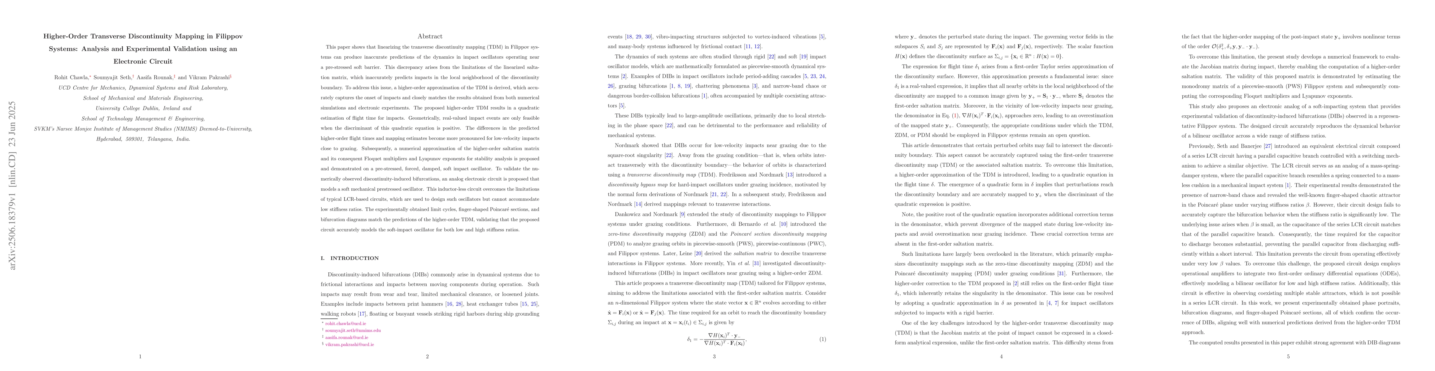 Thumbnail for Higher-Order Transverse Discontinuity Mapping in Filippov Systems:
  Analysis and Experimental Validation using an Electronic Circuit