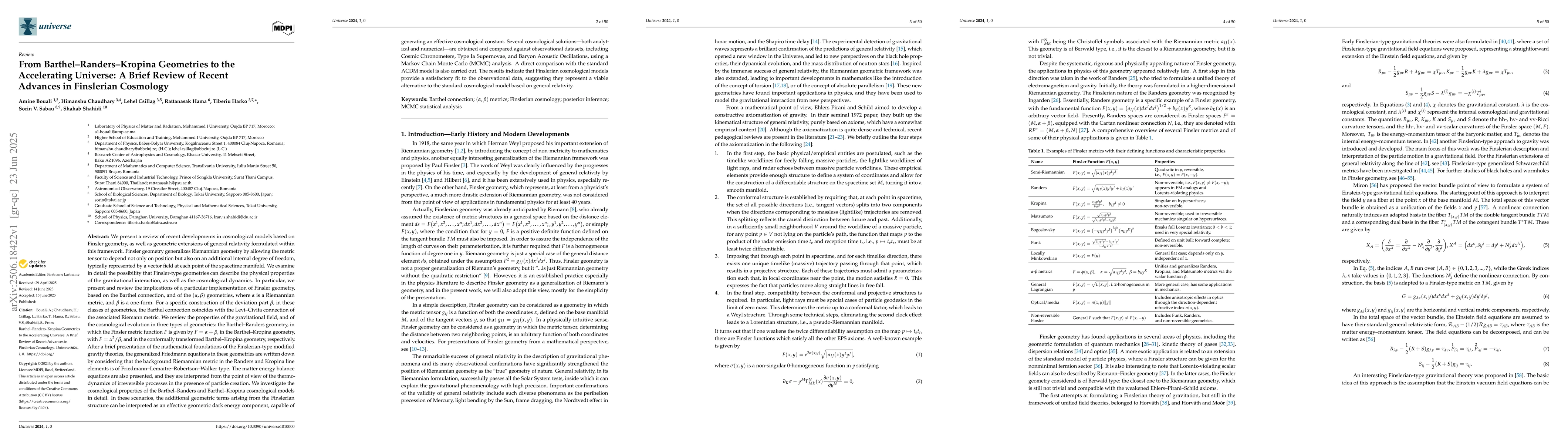 Thumbnail for From Barthel Randers Kropina Geometries to the Accelerating Universe: A
  Brief Review of Recent Advances in Finslerian Cosmology