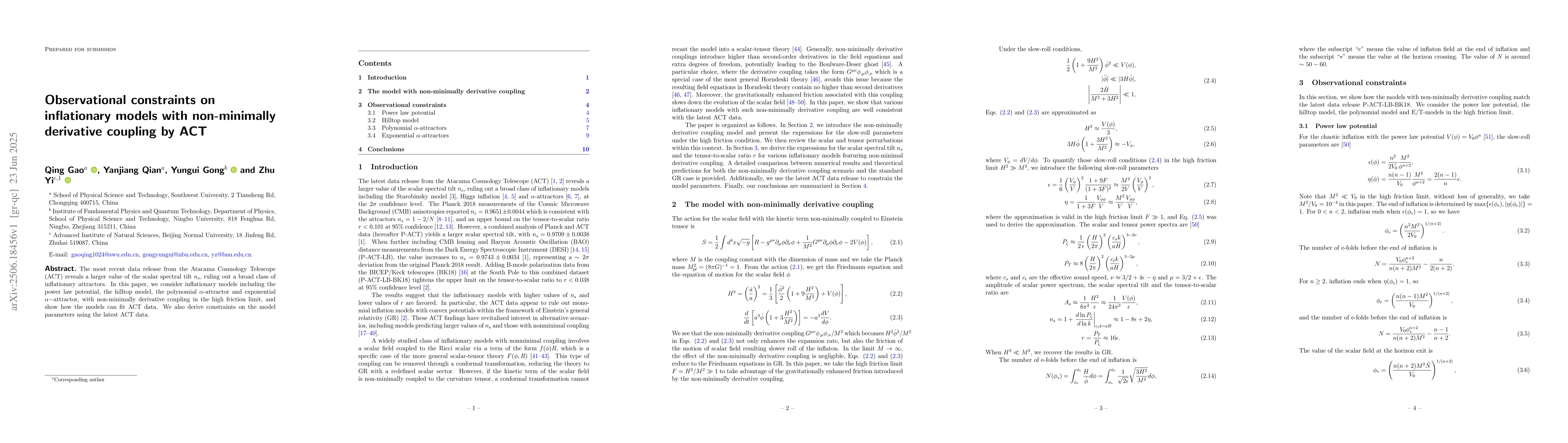 Thumbnail for Observational constraints on inflationary models with non-minimally
  derivative coupling by ACT