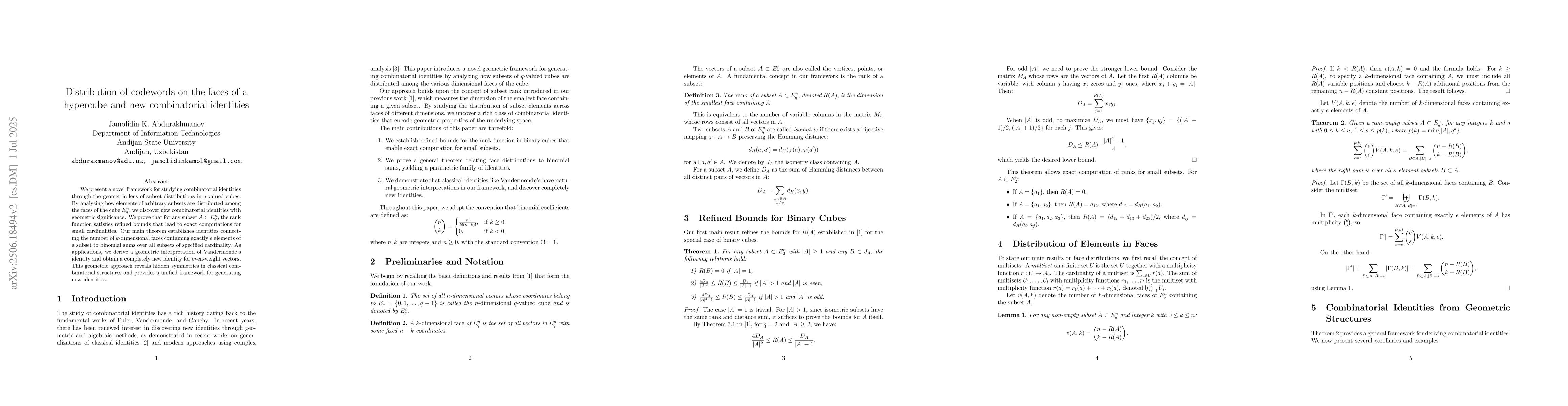 Thumbnail for Distribution of codewords on the faces of a hypercube and new
  combinatorial identities