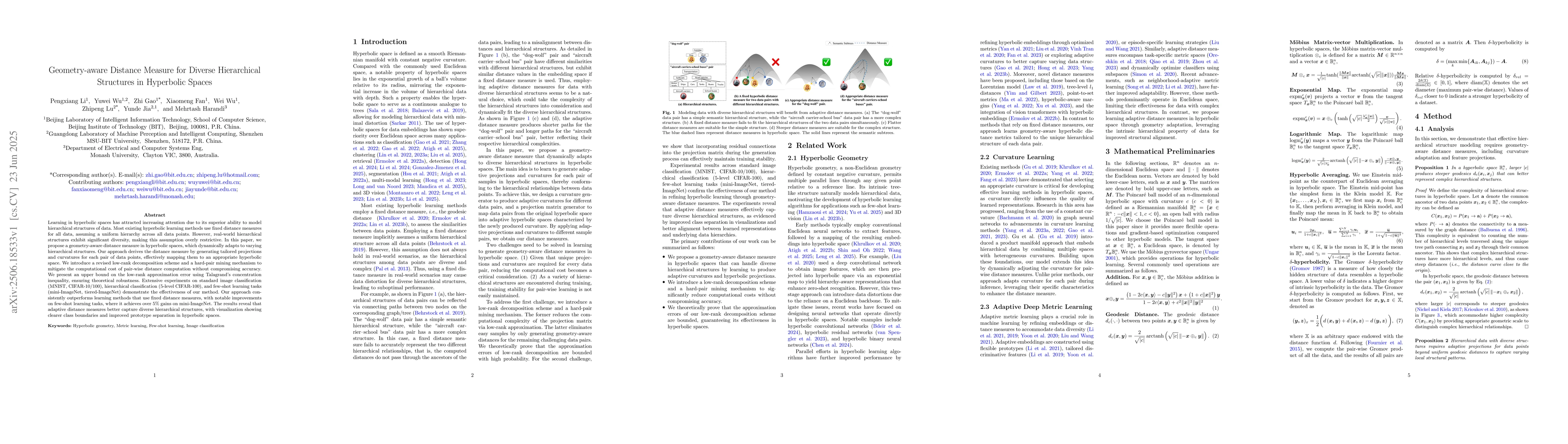 Thumbnail for Geometry-aware Distance Measure for Diverse Hierarchical Structures in
  Hyperbolic Spaces
