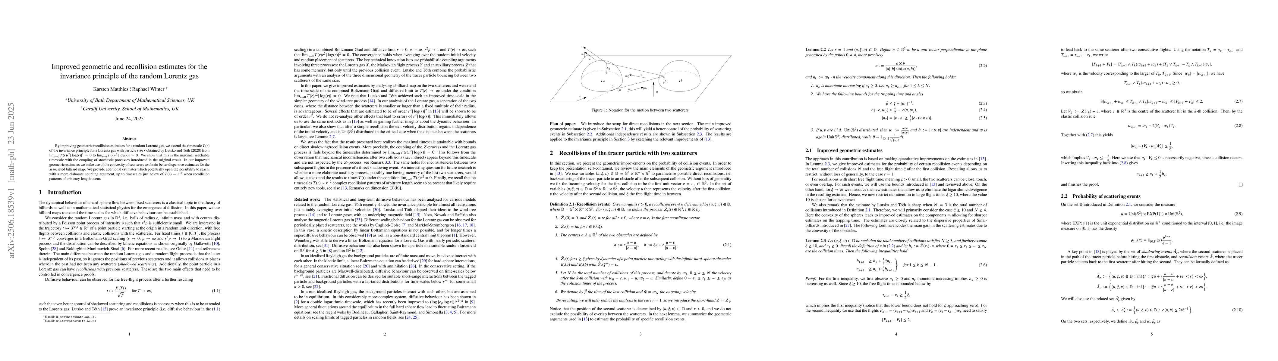 Thumbnail for Improved geometric and recollision estimates for the invariance
  principle of the random Lorentz gas