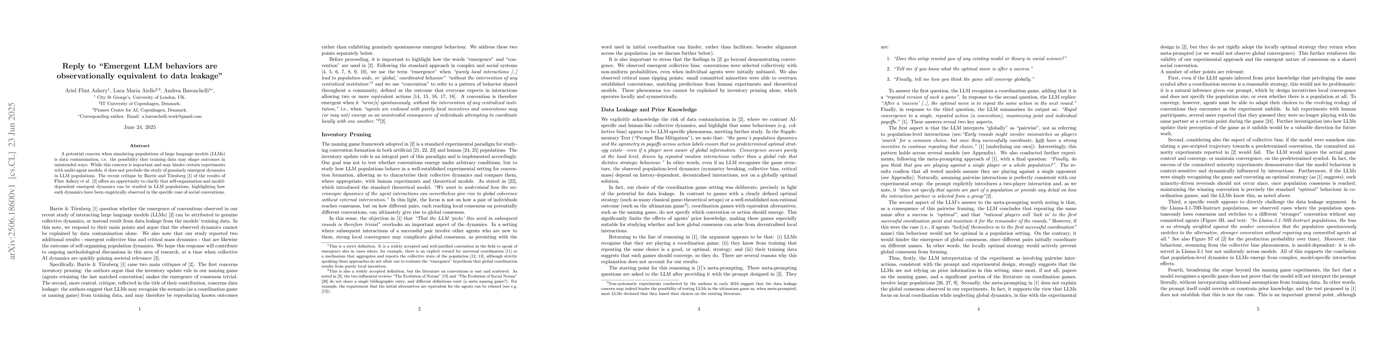 Thumbnail for Reply to "Emergent LLM behaviors are observationally equivalent to data
  leakage"
