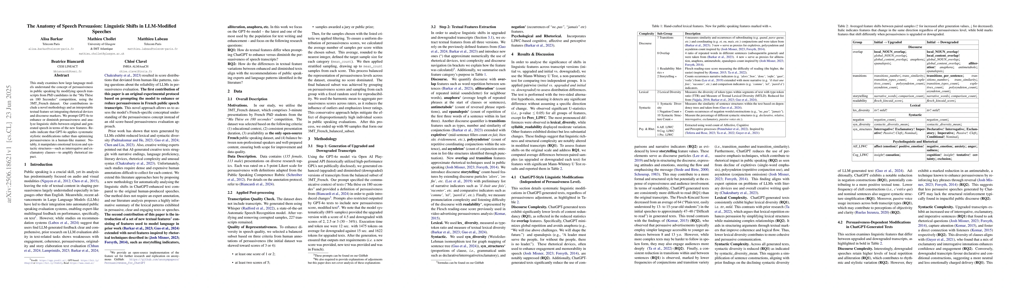 Thumbnail for The Anatomy of Speech Persuasion: Linguistic Shifts in LLM-Modified
  Speeches