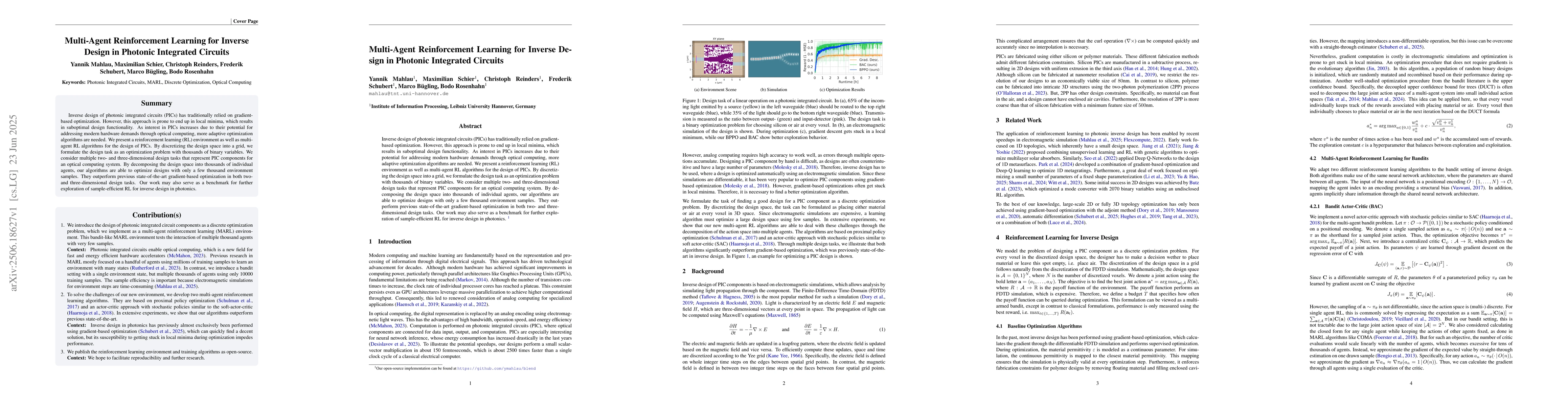Thumbnail for Multi-Agent Reinforcement Learning for Inverse Design in Photonic
  Integrated Circuits