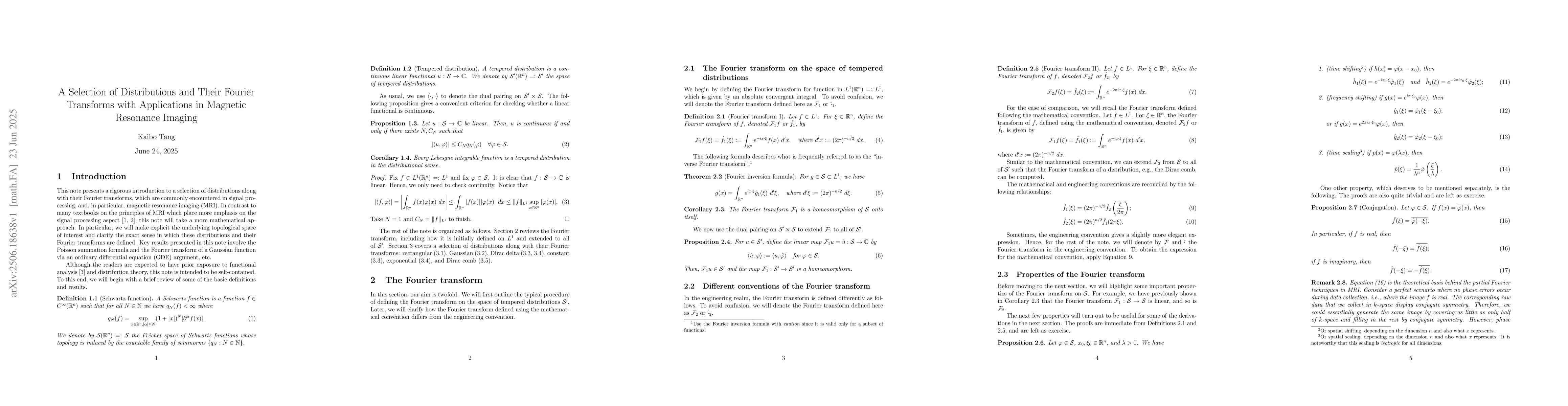 Thumbnail for A Selection of Distributions and Their Fourier Transforms with
  Applications in Magnetic Resonance Imaging