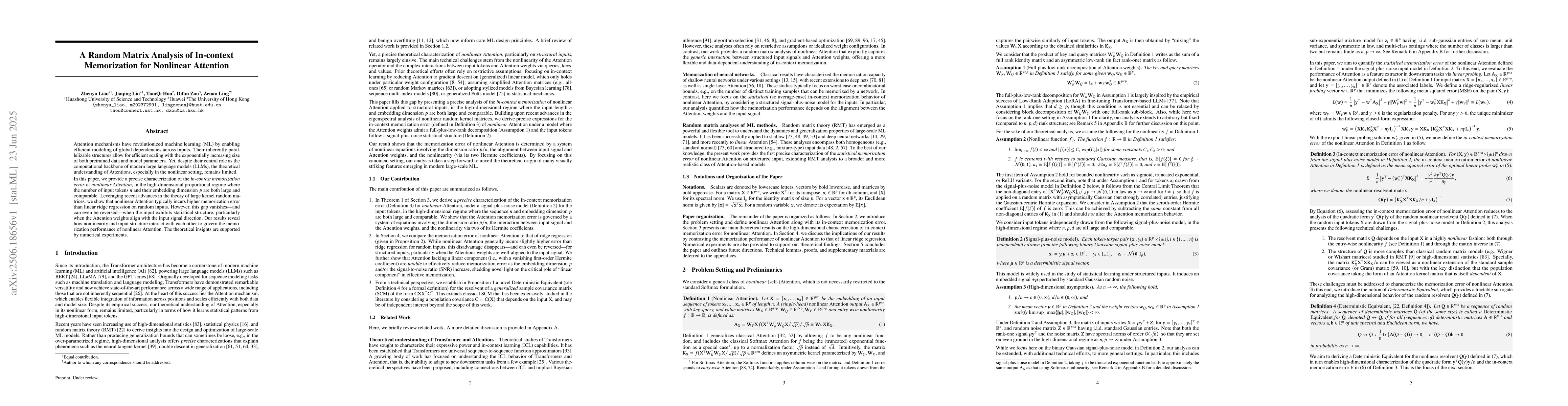 Thumbnail for A Random Matrix Analysis of In-context Memorization for Nonlinear
  Attention