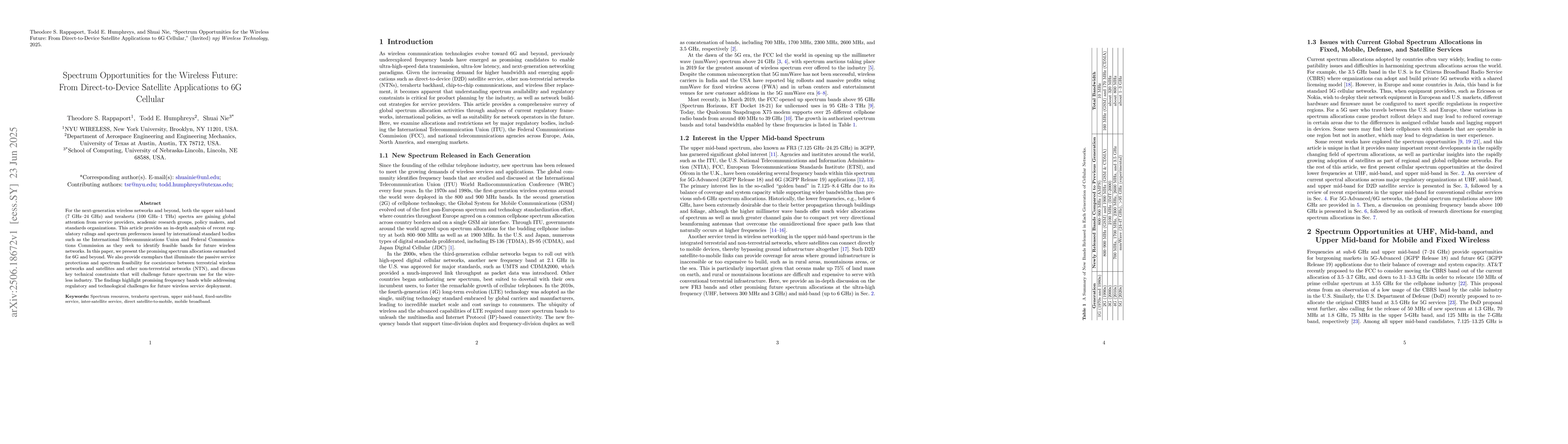 Thumbnail for Spectrum Opportunities for the Wireless Future: From Direct-to-Device
  Satellite Applications to 6G Cellular