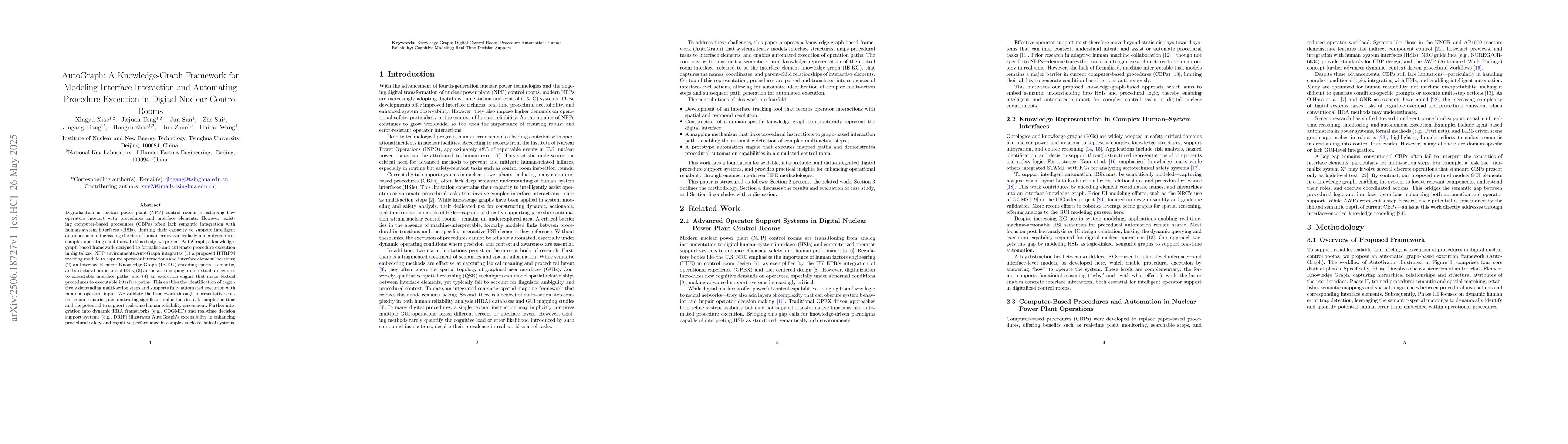 Thumbnail for AutoGraph: A Knowledge-Graph Framework for Modeling Interface
  Interaction and Automating Procedure Execution in Digital Nuclear Control
  Rooms