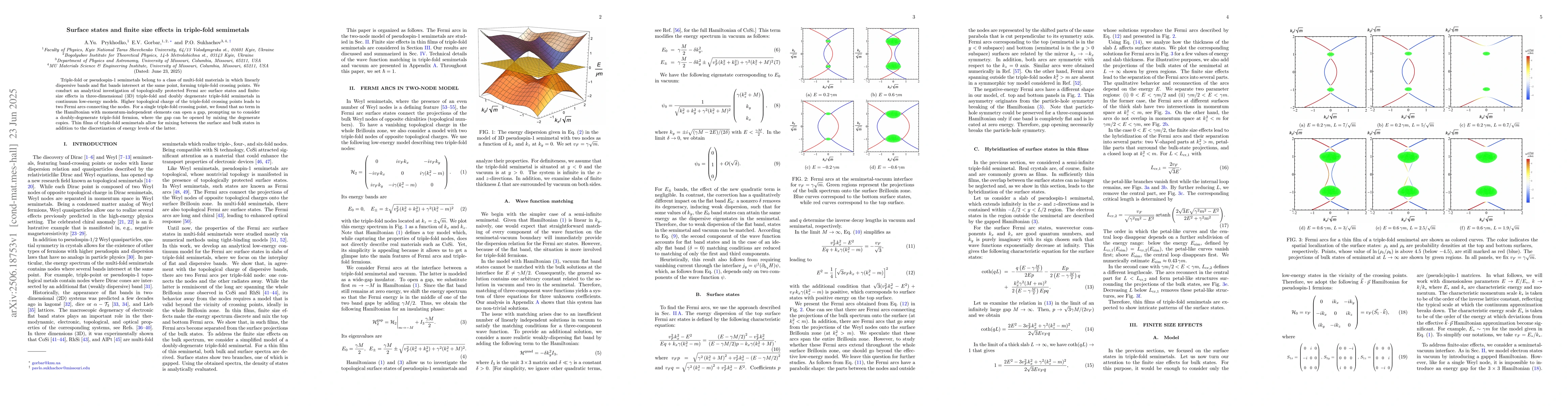 Thumbnail for Surface states and finite size effects in triple-fold semimetals