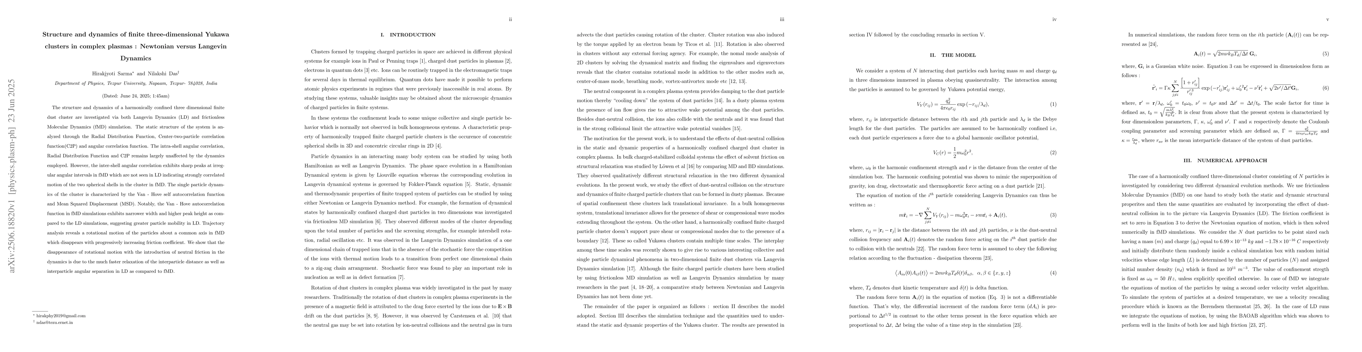 Thumbnail for Structure and dynamics of finite three-dimensional Yukawa clusters in
  complex plasmas : Newtonian versus Langevin Dynamics
