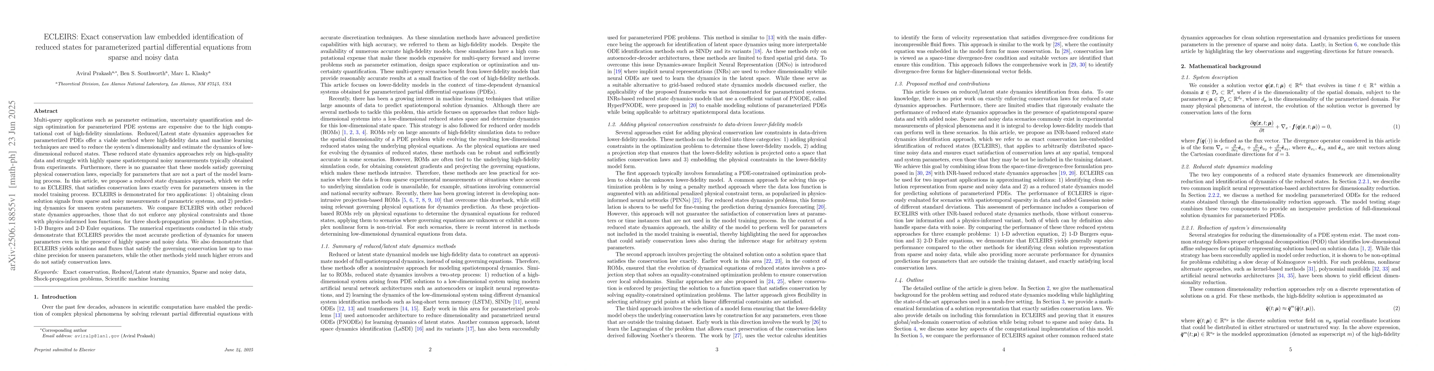 Thumbnail for ECLEIRS: Exact conservation law embedded identification of reduced
  states for parameterized partial differential equations from sparse and noisy
  data