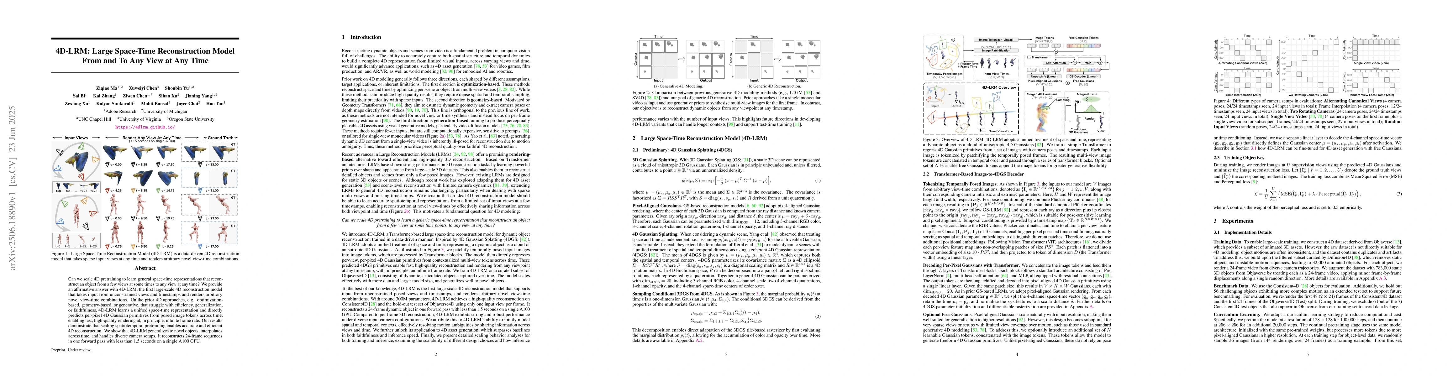 Thumbnail for 4D-LRM: Large Space-Time Reconstruction Model From and To Any View at
  Any Time