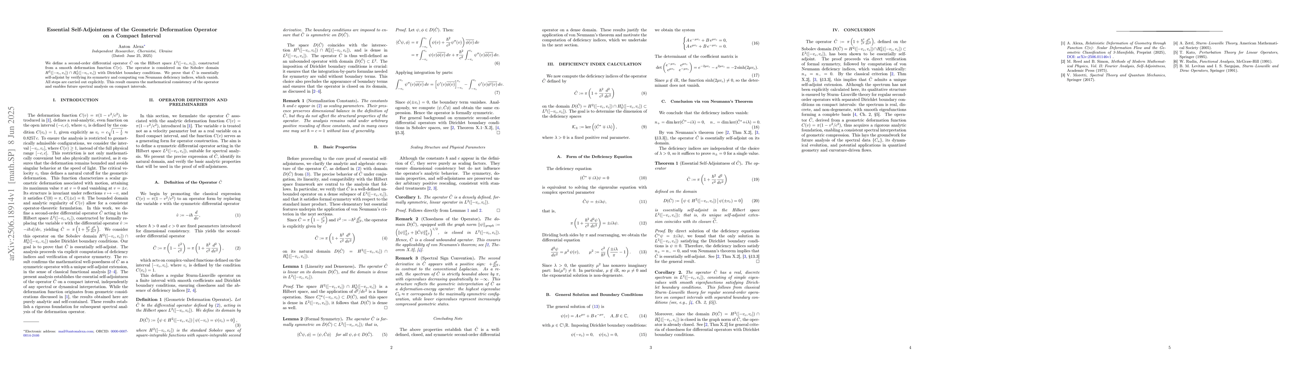 Thumbnail for Essential Self-Adjointness of the Geometric Deformation Operator on a
  Compact Interval
