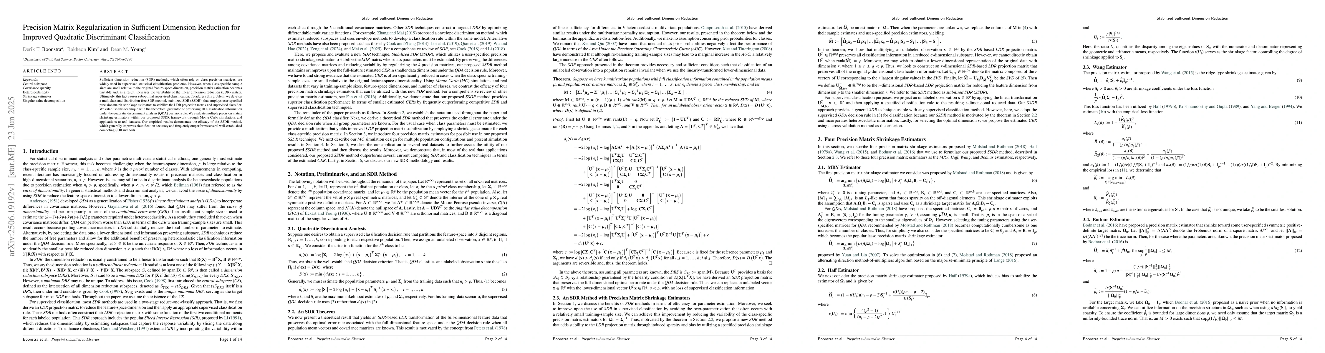 Thumbnail for Precision Matrix Regularization in Sufficient Dimension Reduction for
  Improved Quadratic Discriminant Classification