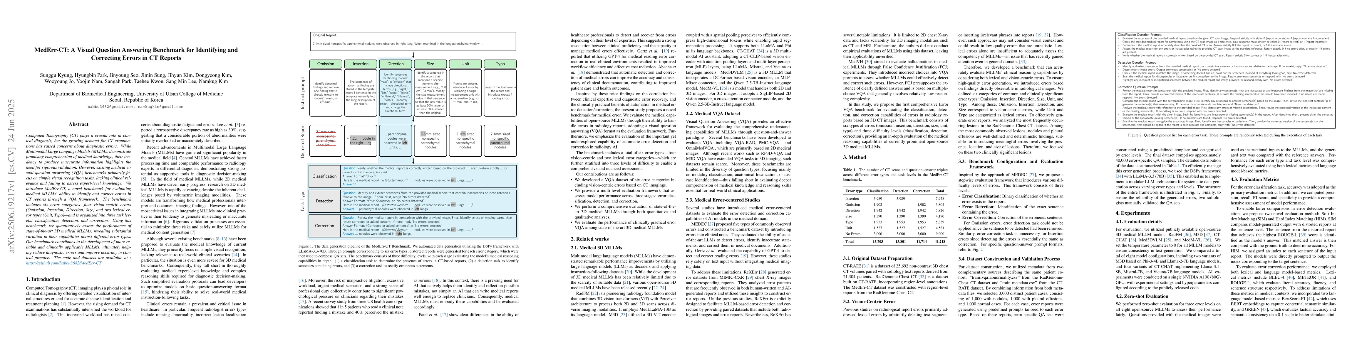 Thumbnail for MedErr-CT: A Visual Question Answering Benchmark for Identifying and
  Correcting Errors in CT Reports