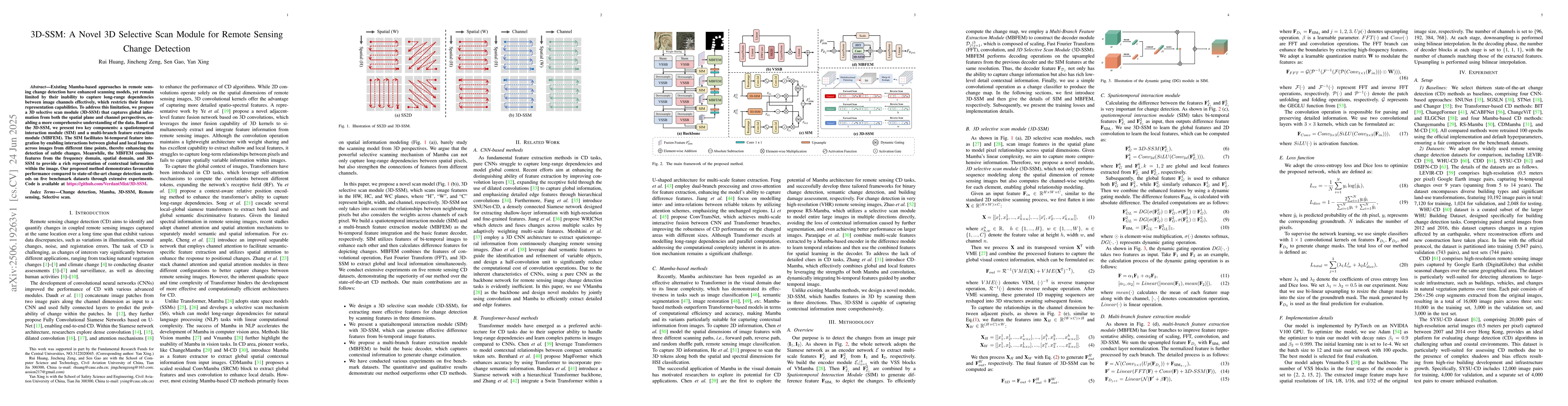 Thumbnail for 3D-SSM: A Novel 3D Selective Scan Module for Remote Sensing Change
  Detection