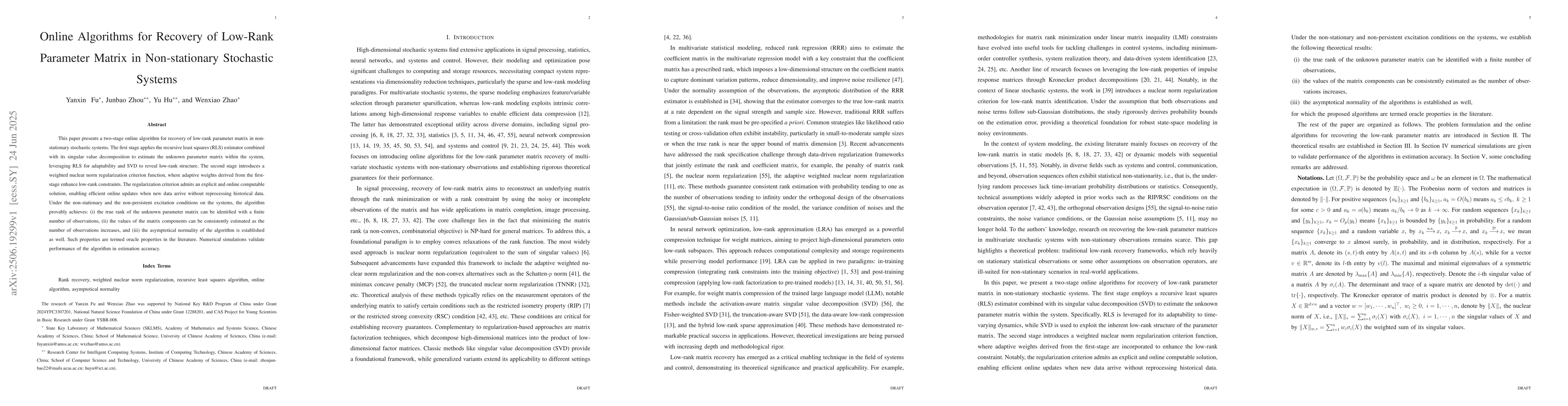 Thumbnail for Online Algorithms for Recovery of Low-Rank Parameter Matrix in
  Non-stationary Stochastic Systems