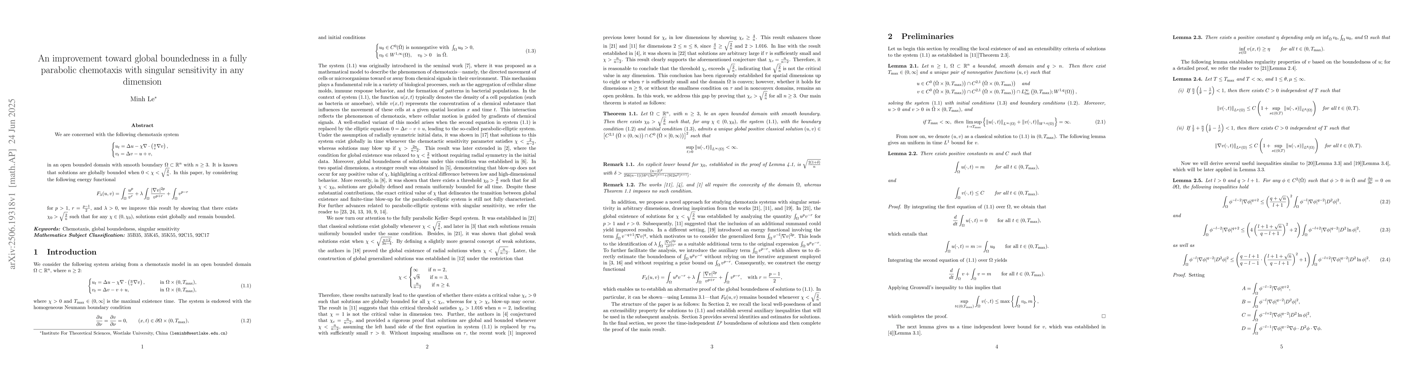 Thumbnail for An improvement toward global boundedness in a fully parabolic chemotaxis
  with singular sensitivity in any dimension