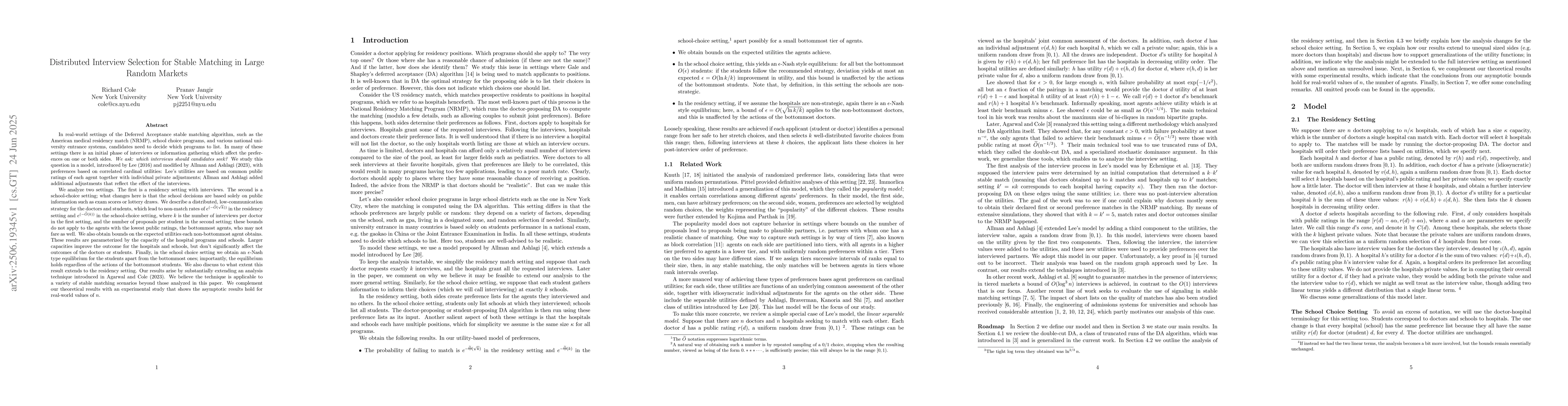 Thumbnail for Distributed Interview Selection for Stable Matching in Large Random
  Markets