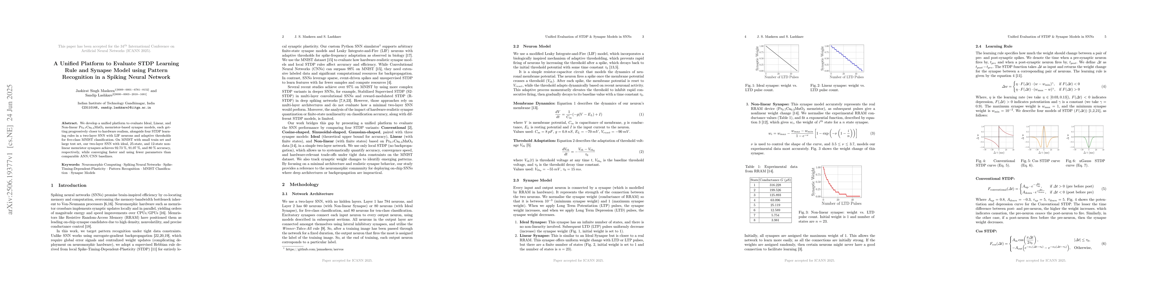 Thumbnail for A Unified Platform to Evaluate STDP Learning Rule and Synapse Model
  using Pattern Recognition in a Spiking Neural Network