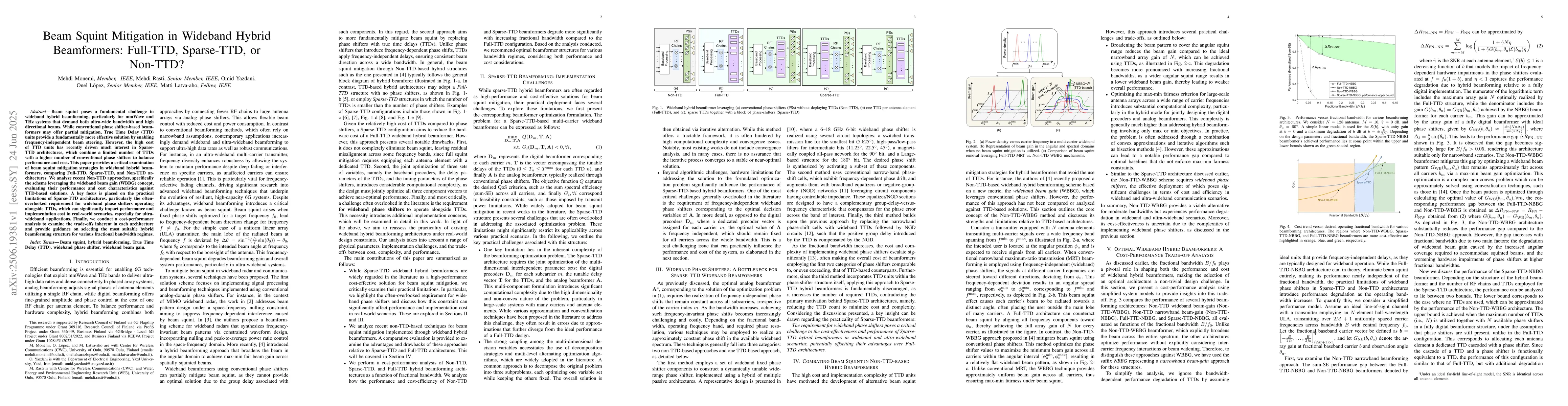 Thumbnail for Beam Squint Mitigation in Wideband Hybrid Beamformers: Full-TTD,
  Sparse-TTD, or Non-TTD?