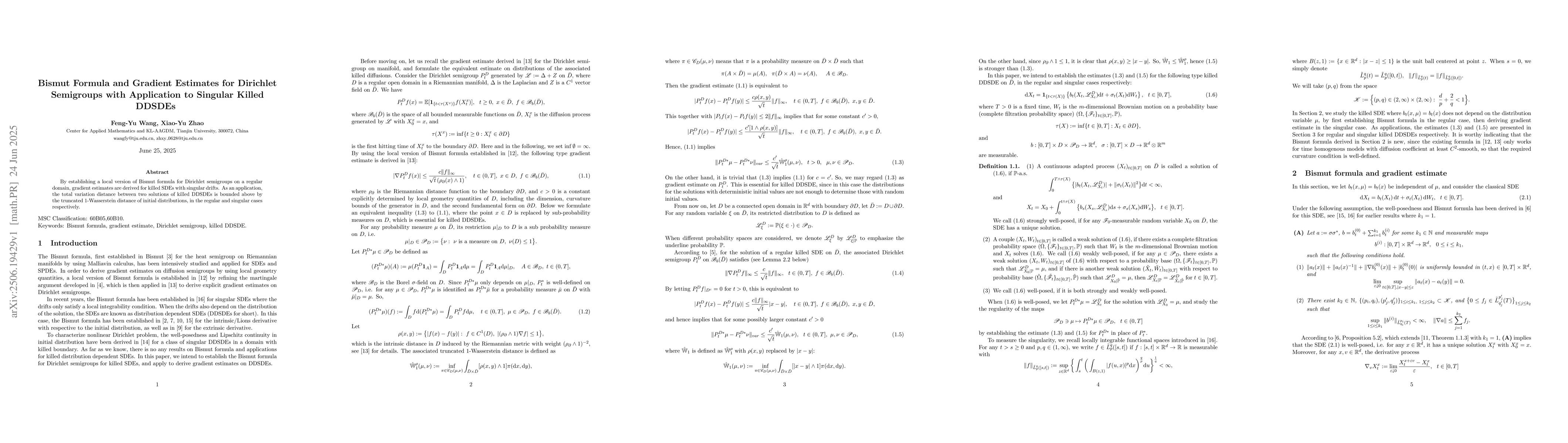 Thumbnail for Bismut Formula and Gradient Estimates for Dirichlet Semigroups with
  Application to Singular Killed DDSDEs