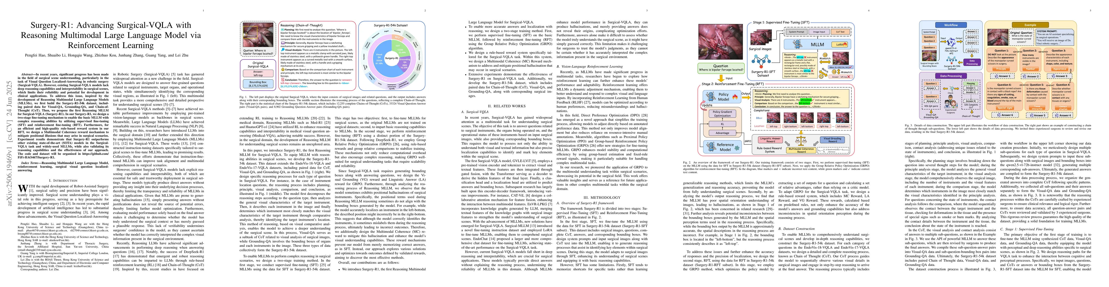 Thumbnail for Surgery-R1: Advancing Surgical-VQLA with Reasoning Multimodal Large
  Language Model via Reinforcement Learning