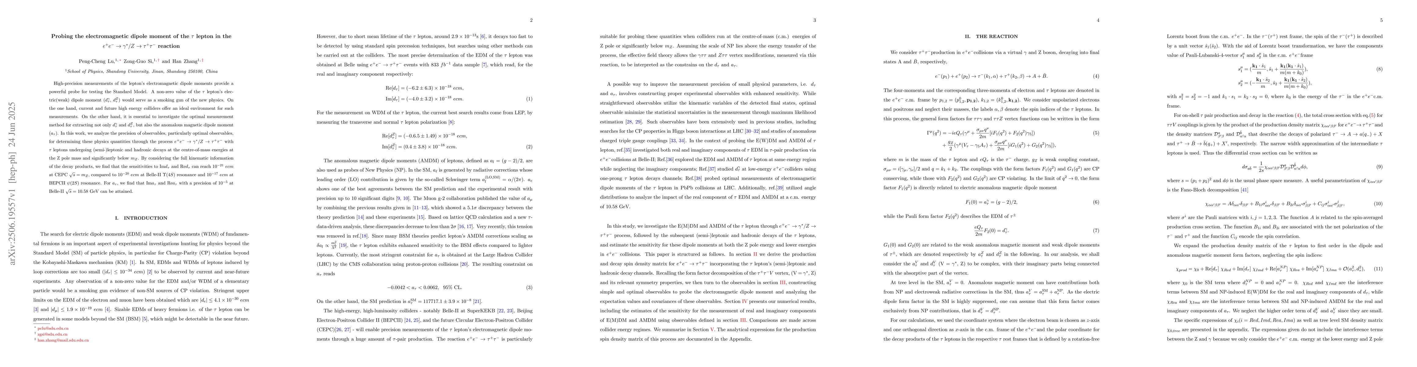 Thumbnail for Probing the electromagnetic dipole moment of the $τ$ lepton in the
  $e^+e^- \to γ^*/Z \to τ^+ τ^-$ reaction