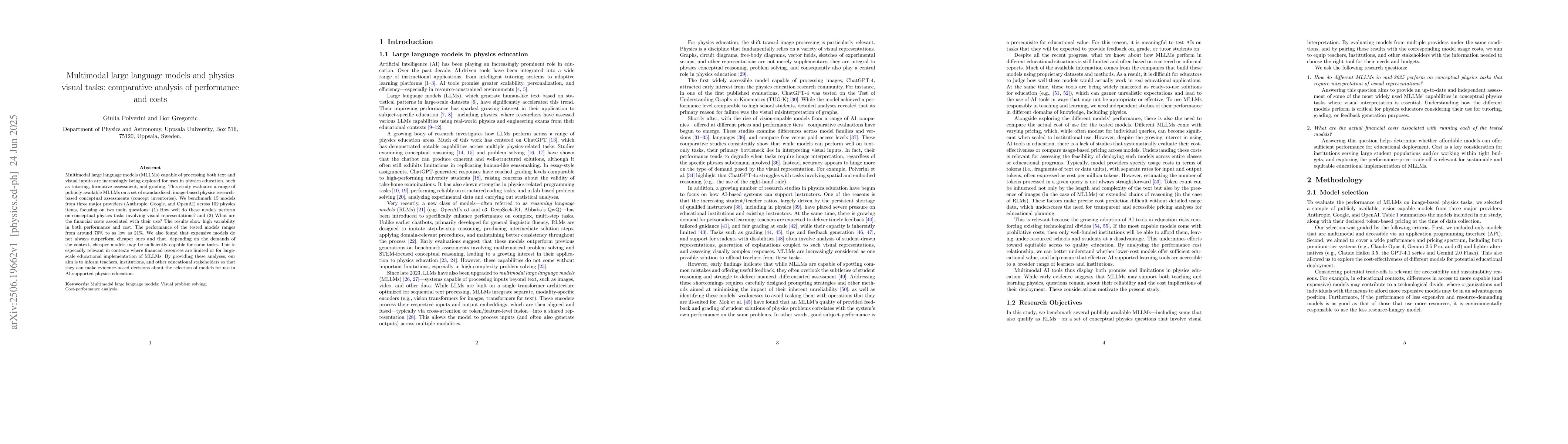 Thumbnail for Multimodal large language models and physics visual tasks: comparative
  analysis of performance and costs