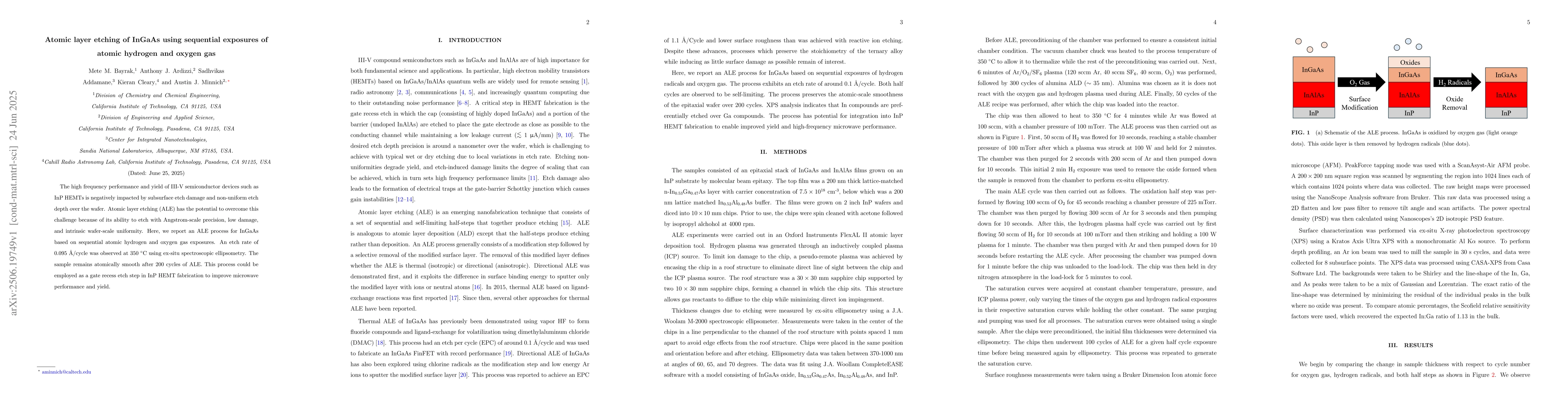 Thumbnail for Atomic layer etching of InGaAs using sequential exposures of atomic
  hydrogen and oxygen gas