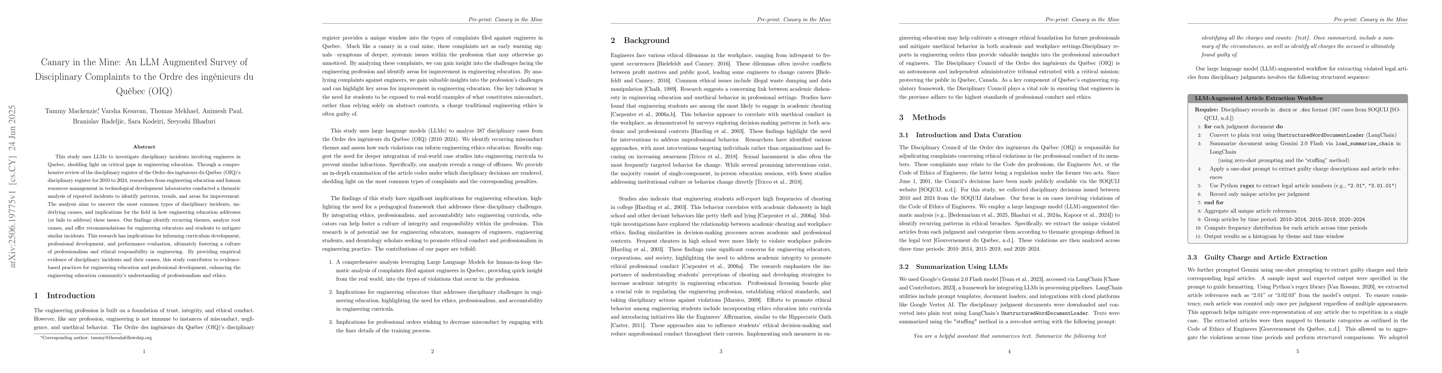 Thumbnail for Canary in the Mine: An LLM Augmented Survey of Disciplinary Complaints
  to the Ordre des ingénieurs du Québec (OIQ)