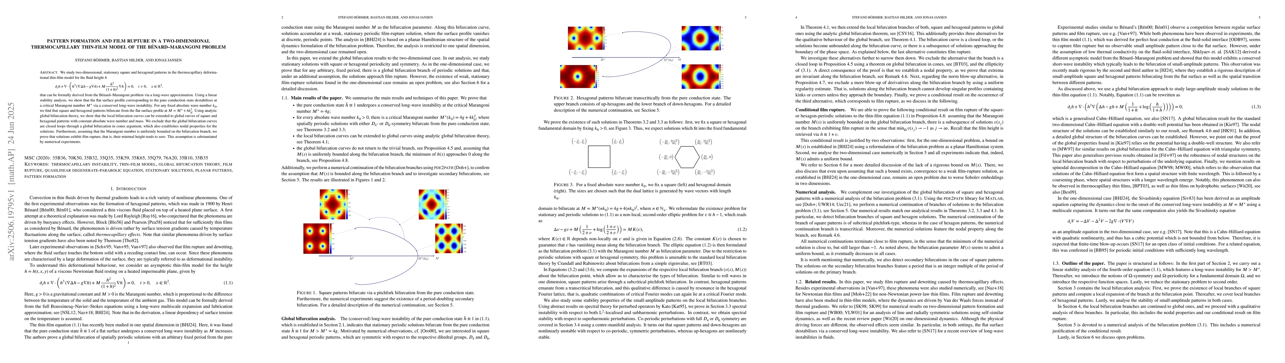 Thumbnail for Pattern formation and film rupture in a two-dimensional thermocapillary
  thin-film model of the Bénard-Marangoni problem