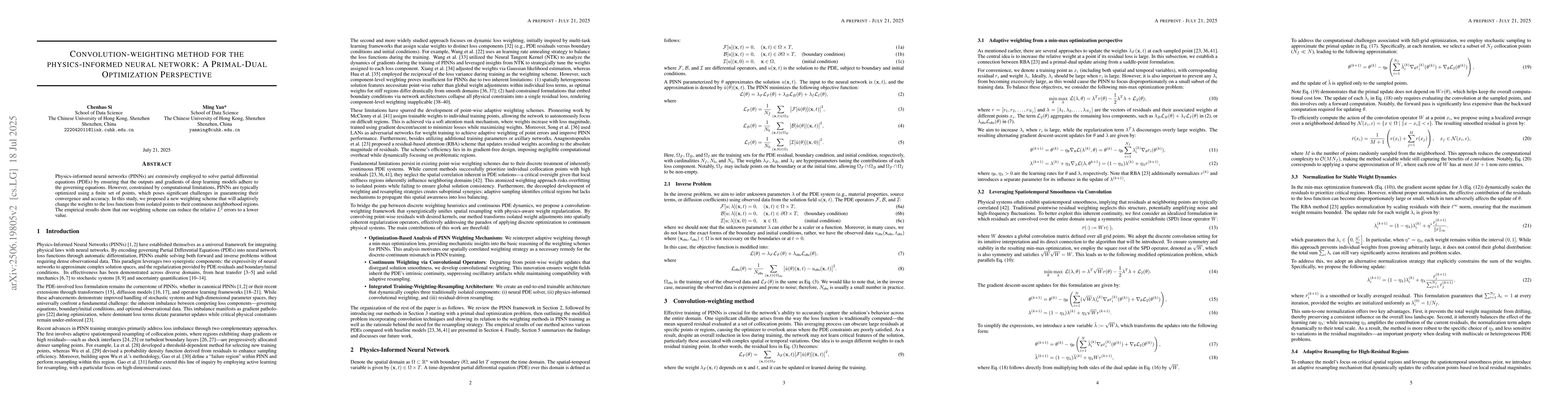 Thumbnail for Convolution-weighting method for the physics-informed neural network: A
  Primal-Dual Optimization Perspective