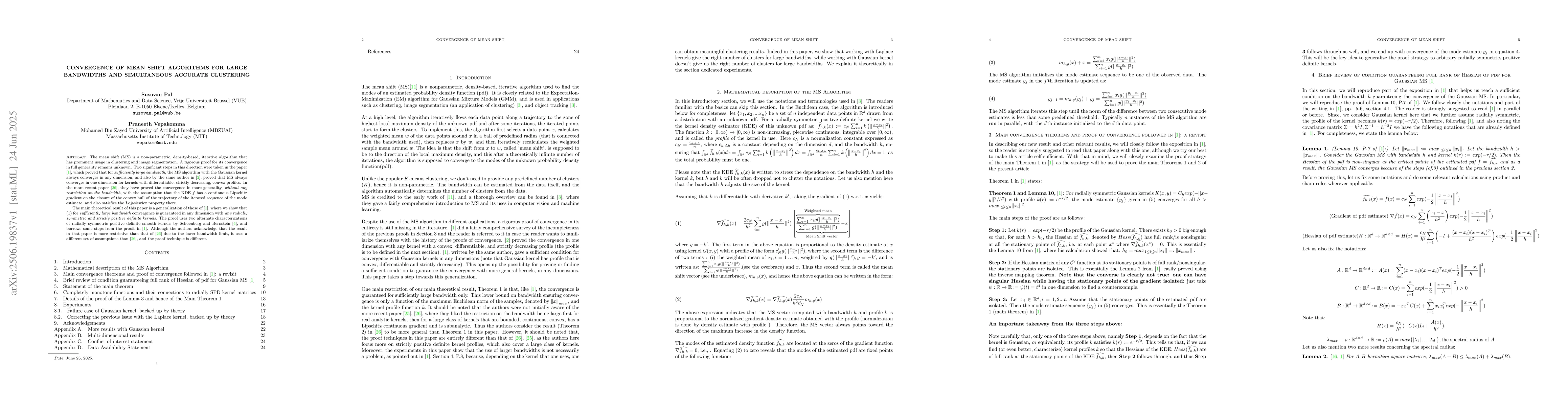 Thumbnail for Convergence of Mean Shift Algorithms for Large Bandwidths and
  Simultaneous Accurate Clustering