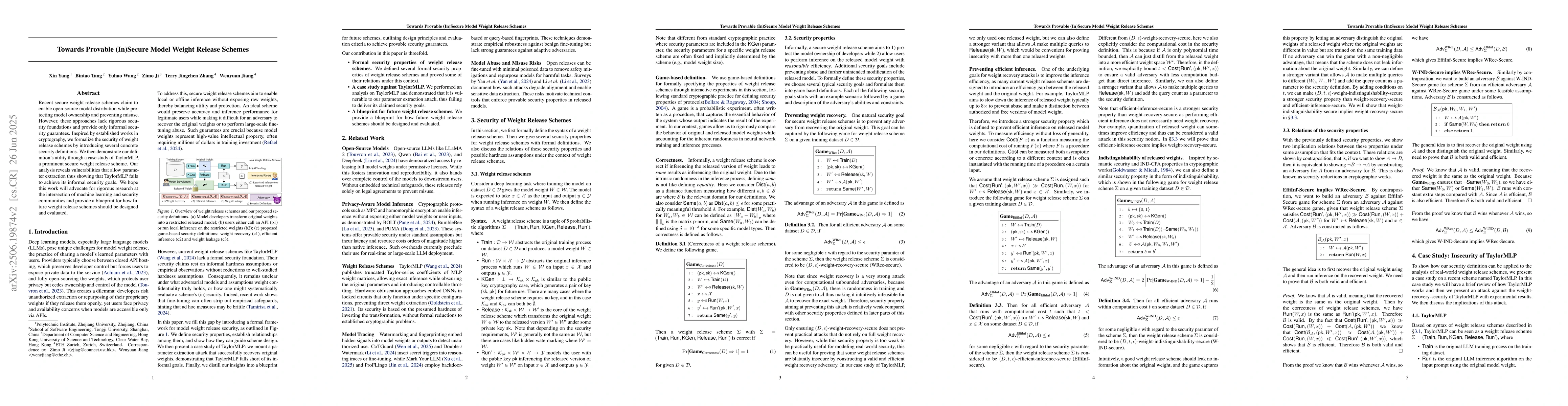 Thumbnail for Towards Provable (In)Secure Model Weight Release Schemes