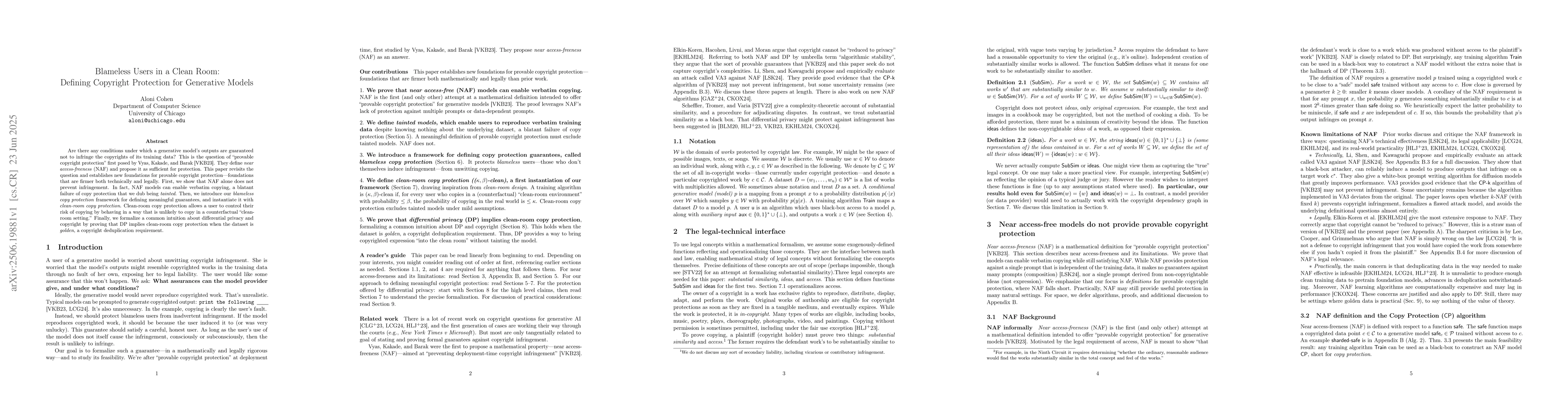 Thumbnail for Blameless Users in a Clean Room: Defining Copyright Protection for
  Generative Models
