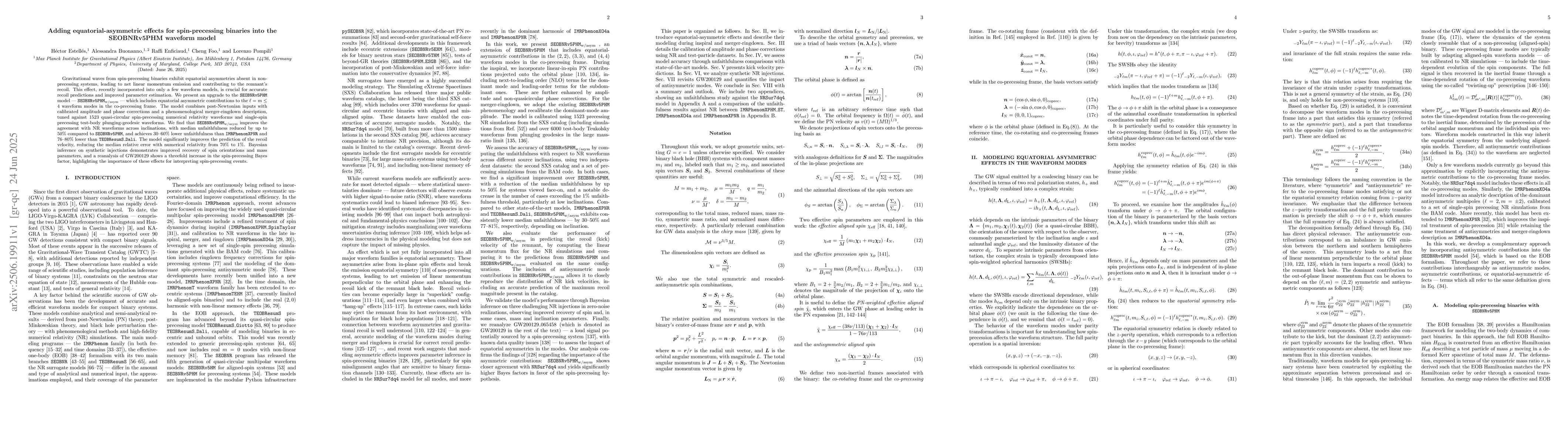 Thumbnail for Adding equatorial-asymmetric effects for spin-precessing binaries into
  the SEOBNRv5PHM waveform model